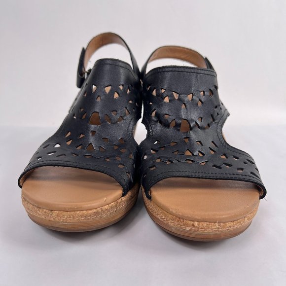Clarks Black Tooled Leather Slingback Open Toe Cork Wedge Slide Sandals Size 11 - Picture 4 of 9